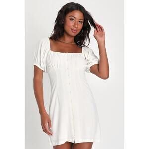 Lulus Sweetest Darling White Linen Puff Sleeve Button-up Mini Dress - Size M